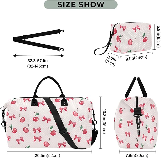 Large Travel Duffel Bag Sports Tote Gym Bag Overnight Weekender Bags Cherry Bow Carry On Luggage with Toiletry Bags - Image 3