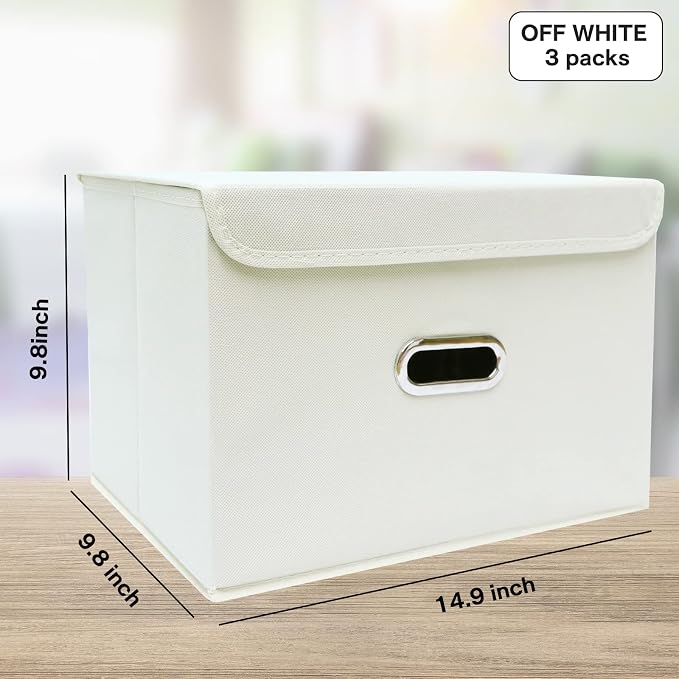 Fabric Foldable Collapsible Storage Cube Bin Organizer Basket with Lid, Handles, Removable Divider for Home, Closet (Creamy-White, 6Pcs) - Image 2