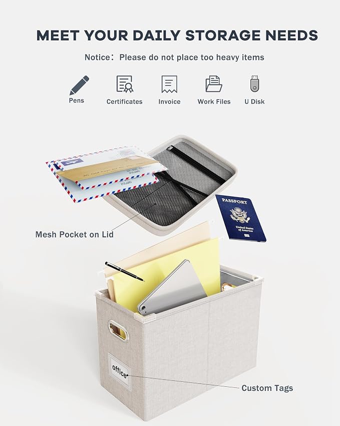 File Organizer Box with Lid, Hanging Filing File Box with Mesh Pocket, Document Organizer Box for Letter Files, Portable Storage Box with Smooth Sliding Rail for Office&Home (1 PCS, Beige) - Image 4
