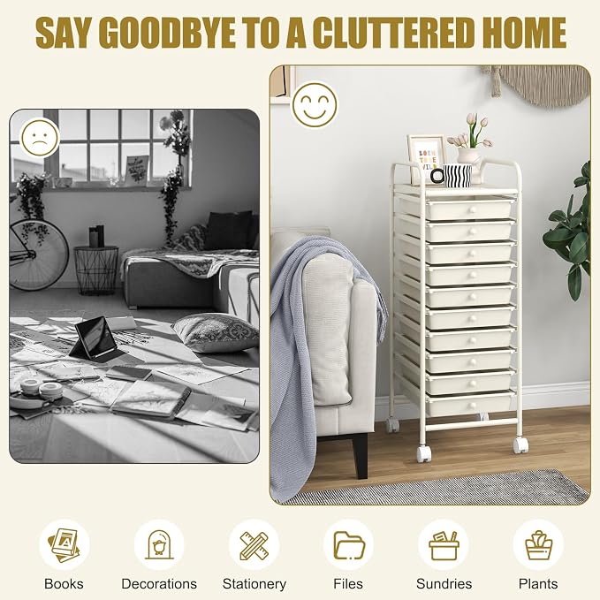 GOFLAME 10-Drawer Rolling Storage Drawer Cart, Utility Cart with Removable Drawers & Metal Frame, Mobile Art Craft Drawer Cart with Lockable Wheels for Home, Office, Studio, School, White - Image 7