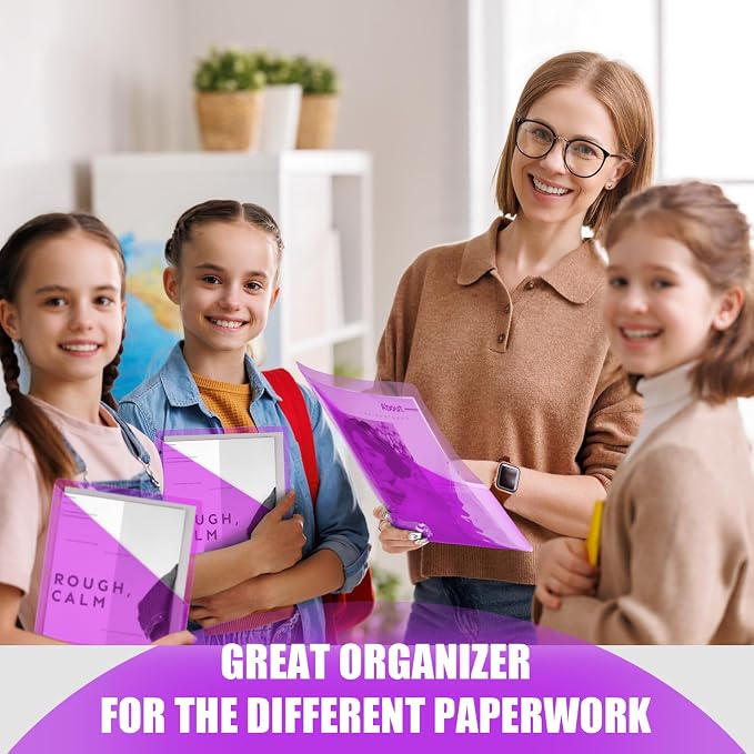 Seajan 100 Pcs Binder Pocket Folders, Clear 3 Ring Binder, Purple | Plastic Folders Sleeves with 2 Pockets, Poly Slash File Jackets, 3 Hole Punched Dividers for School, Office, Documents - Image 6