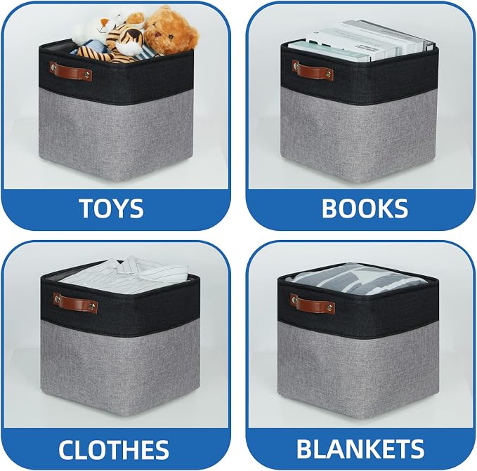 Temary Storage Baskets Fabric Storage Cubes 4 Pack Basket for Organizing, Collapsible Cloth Baskets with Handles for Shelves, Closet (Black&Gray) - Image 4