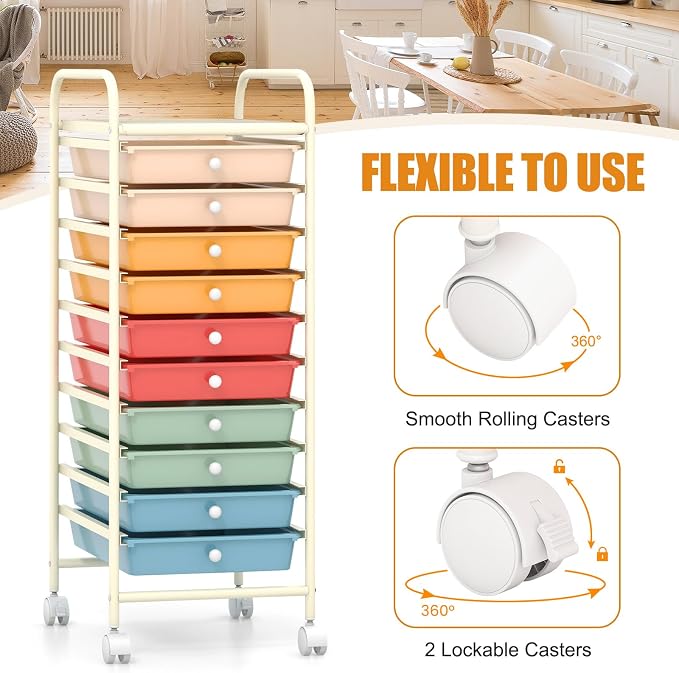 GOFLAME 10-Drawer Rolling Storage Drawer Cart, Utility Cart with Removable Drawers & Metal Frame, Mobile Art Craft Drawer Cart with Lockable Wheels for Home, Office, Studio, School, Macaron Color - Image 5