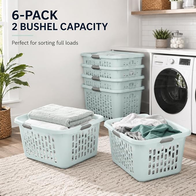 Laundry Basket 2 Bushel Plastic with 4 Handles 6 Pack Mint for Home | 6-Pack 2 Bushel Laundry Baskets with 4 Comfort-Grip Handles – Carries easily from any side. Rectangular ventilation holes. - Image 8