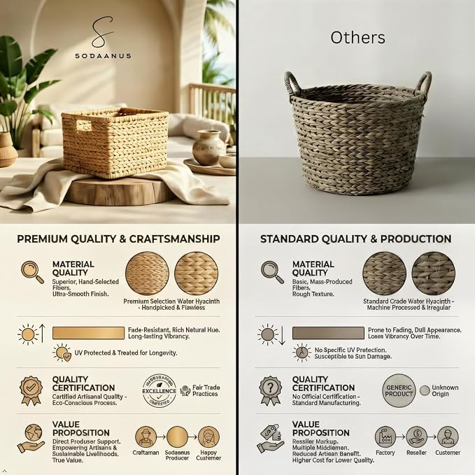 Water Hyacinth Storage Baskets Set of 2 - Medium Decorative Wicker Baskets for Organizing Shelves, Rectangular Woven Storage Bins with Handles for Pantry, Bathroom, Living Room 13"x9"x7" - Image 3