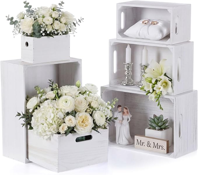 AceOrbit Set of 6 Rustic Wood Crates, Nesting Storage Boxes,Vintage White | Distressed Wooden Containers with Cutout Handles, Vintage Farmhouse Wedding Party Decor, Decorative Baskets for Supplies by Unknown