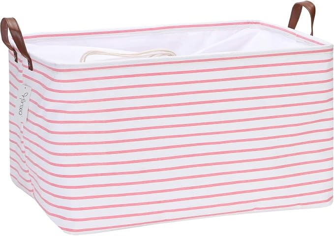 Hinwo 70L Extra Large Canvas Storage Bin with Lid and Handles | Collapsible Fabric Basket, Closet Shelf Organizer, Container for Clothing, Blankets, Toys, Bedding (Pink Stripe) by Hinwo