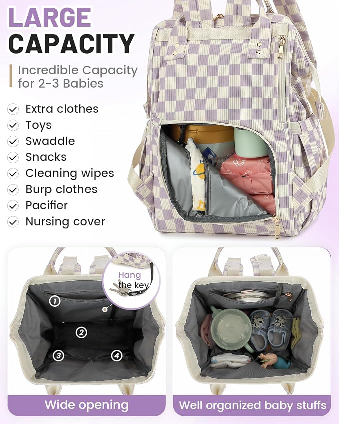 Corduroy Diaper Bag Backpack, Large Capacity Multifunction Baby Diaper Bags for Women, Insulated Bottle Pockets & Pacifier Case, Stylish Travel Nappy Changing Bags for Mom Dad (Checkered Purple) - Image 4