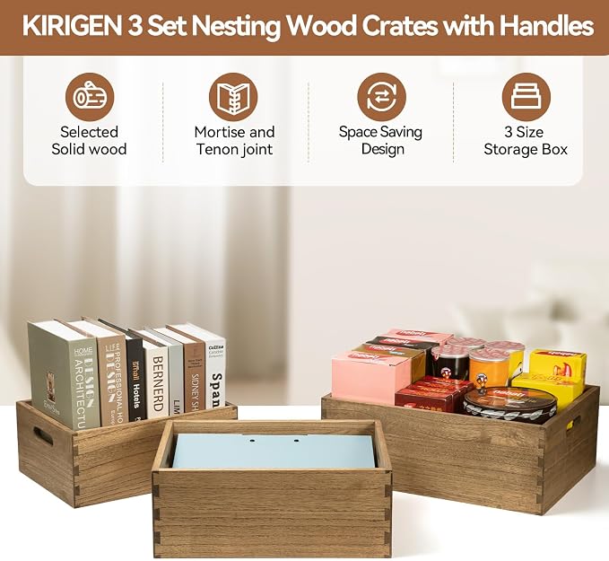 KIRIGEN Nesting Wood Crates with Handles, Set of 3 Storage Boxes Brown | 3 Different Size Decorative Box Organizer for Towels, Books, Crafts Fully Assembled - Image 7