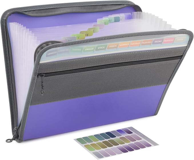 NAFY Accordion File Organizer, 13 Pockets Expanding File Folder with Zipper, A4 Letter Size Portable Accordion Expanding File Folders with 27pcs Multicolor Labels for Office School Supplies (Lavender) by Nafy