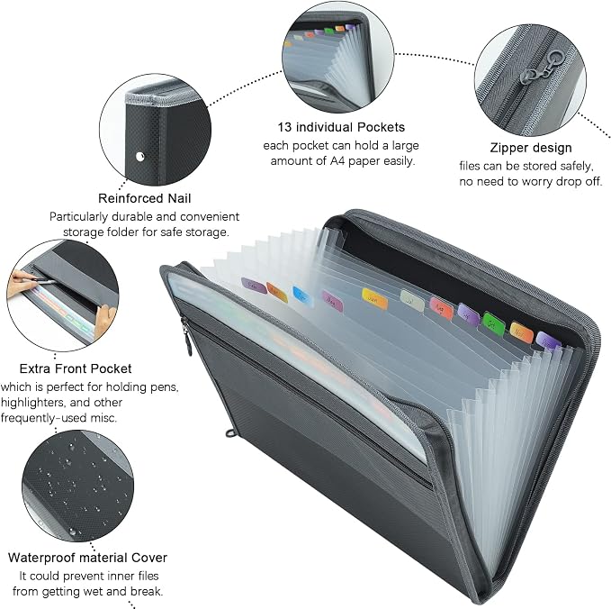 NAFY Expanding File Folders, 13 Pockets Document Organizer with Zipper, A4 Letter Size Portable Accordion Expanding File Folders with Multicolor Labels for Home Office School Supplies (Black 4 Pack) - Image 3