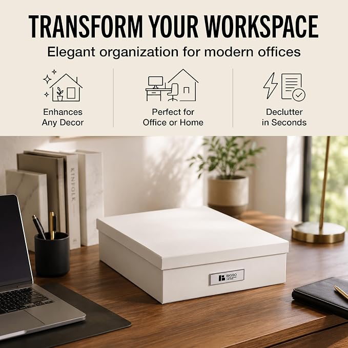 Bigso Oskar Fiberboard Label Frame Document Letter Box - File Organizer Box for Important Paperwork - Durable Document Storage with a Lid & Metal Label Window - 3.3 in x 10.2 in x 13.8 in - White - Image 3