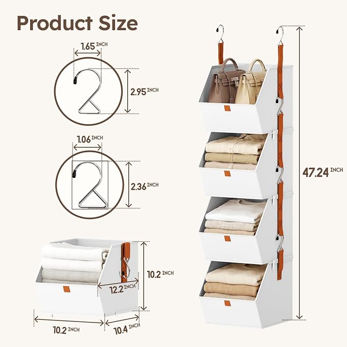 Collapsible Hanging Closet Organizer - 3 Tier Closet Shelves Storage System with Hooks, Fabric Hanging Storage Bins for Clothes, Foldable Storage Basket for Laundry, Bedroom, Rv, White - Image 6