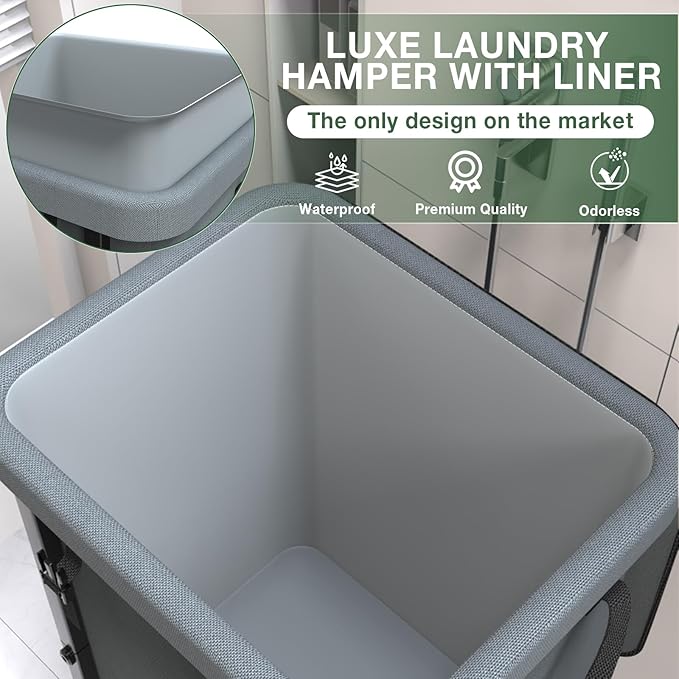 40 Gal(150L) Laundry Basket with Lid, Rolling Laundry Hamper with Wheels, Dirty Clothes Hamper with Metal Frame and Removable Bag Design, Suitable for Laundry Room, Bedroom - Grey (Pack of 2) - Image 3