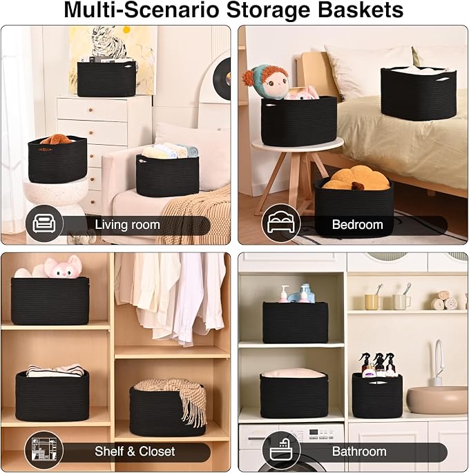 ICERZCZ Black Storage Baskets for Organizing Shelves, Toy Basket for Nursery, Woven Cotton Rope Basket for Decor, Towel Baskets for Bathroom, 15"x11"x9.5", 3 Packs, Black - Image 5