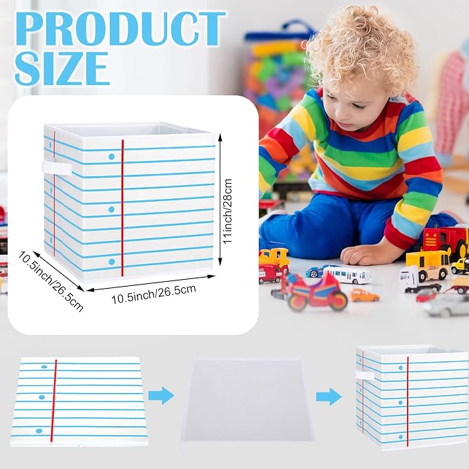 RattanView 6 Pcs 11in Crayon Storage Bins Fabric Cubby Classroom | Notebook Paper Design, School Supplies Organizer for Daycare Preschool, Treasure Prize Boxes, Closet Cubby Bins - Image 2