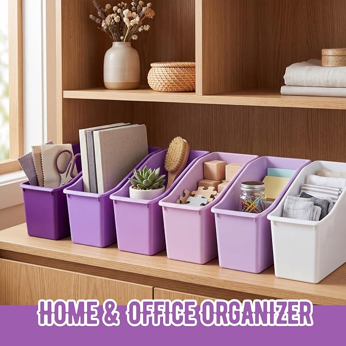 Geetery 12 Pcs Book Bin for Classroom with Labels Stackable Plastic Organizing Bins 11.5 x 5.4 x 7.5 in Book Holders Storage Bins Box Baskets for Classroom Library Home (Purple Color Series) - Image 4