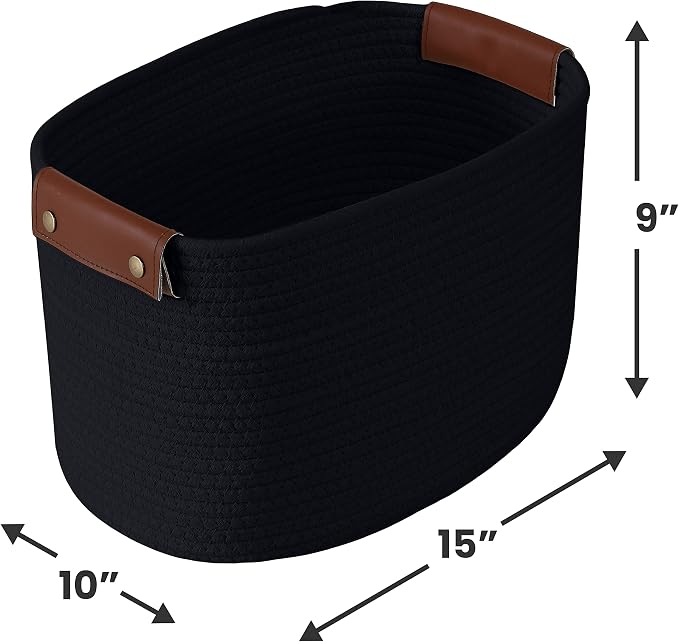 3 Pack Woven Cotton Rope Storage Basket, 15x10x9, Black | Faux Leather Handles; Decorative Closet Shelf Organizer; Ideal for Storage & Organization - Image 7