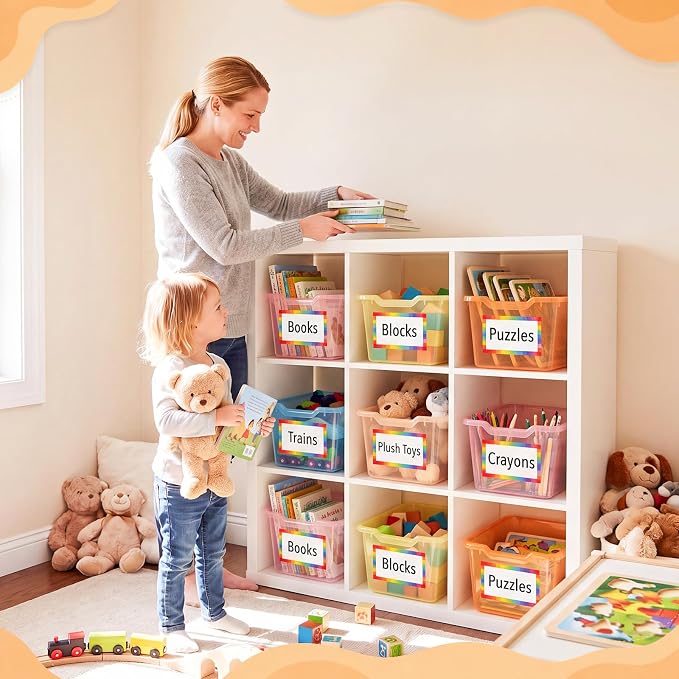 Funrous 12 Pack Plastic Cubby Bins for Classroom, Stackable Storage Bins with Rainbow Labels and Handles Cubby Organizer Containers for Teacher Supplies Home Office Daycare and Playroom (Orange) - Image 6