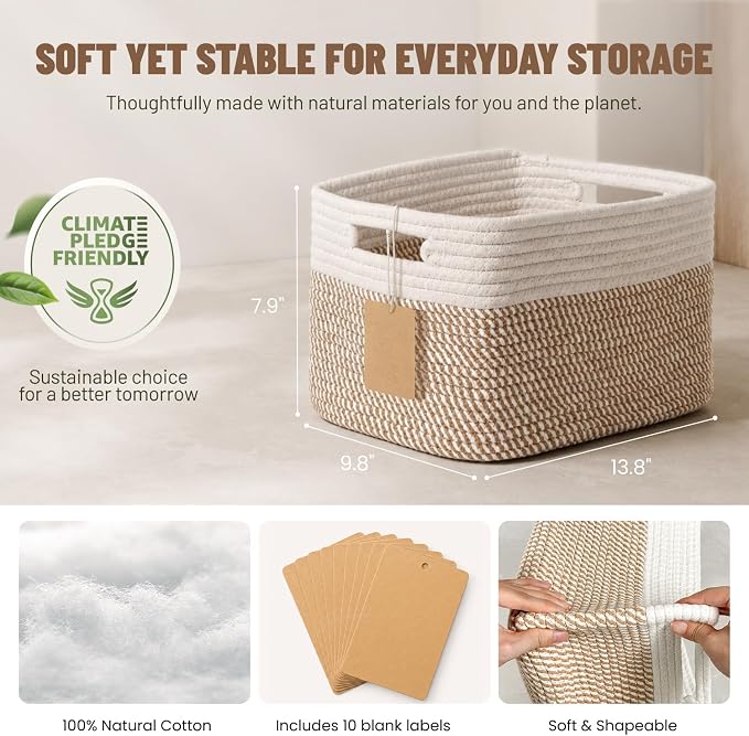 5 Pack Woven Storage Baskets, Decorative Storage Bins for Organizing | 13.8'' × 9.8'' × 7.9'', Cotton Rope Basket Organizer for Closet, Shelves, bathroom, Nursery, Toys, Books, Pantry, Khaki/White - Image 3