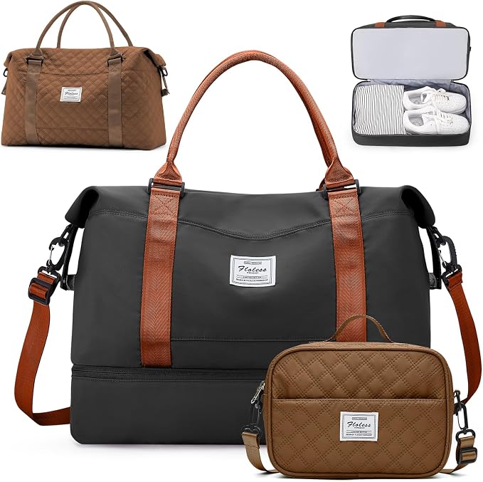 Weekender Bags for Women,Personal Item Travel Bag with Shoes Compartment | Overnight Travel Duffel Bag with Grid Travel Set,Carry-On Bag,3 Pcs Set,Large by SYCNB