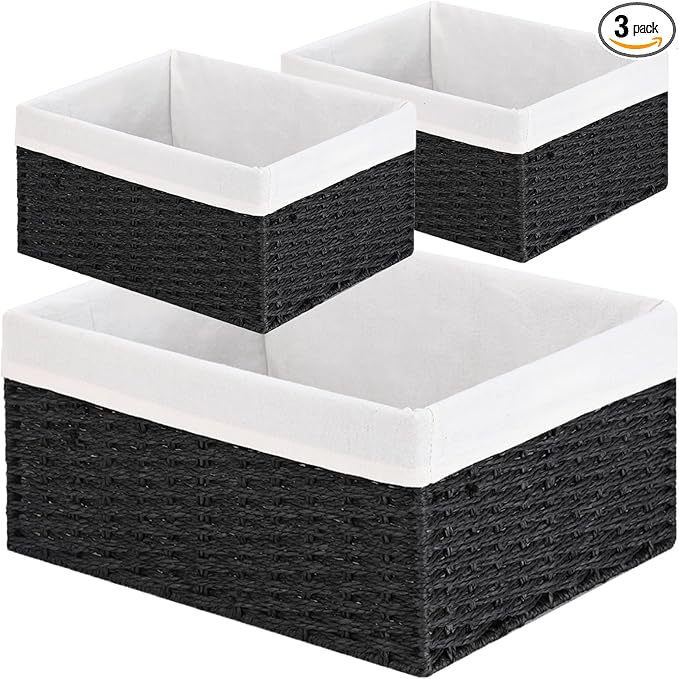 Storage Basket, 3-Pack Woven Paper Rope Wicker Baskets for Storage with Handles, 15 Inches Large Cube Storage Bins Woven Storage Baskets with Liners for Shelves Organizing & Decor, Black by Vagusicc