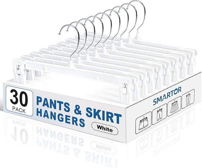 Skirt Hangers with Clips, 30 Pack White Pants Hangers | 12 Inch Plastic Clips Hangers Space-Saving Closet Organizer for Skirts, Shorts, Jeans with 360° Swivel Hook & Non-slip Clips by Smartor