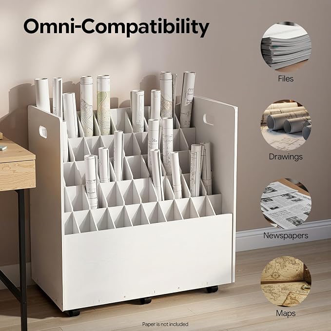 Blue Print Storage Organizer with Wheels, 50 Slots Roll Files Cart, White | Mobile Blueprint Storage Rack Cart, Construction Plan Holder, Map Poster Storage Cabinet for Office Home School - Image 6