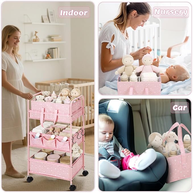 Yookeer 2in1 Baby Diaper Caddy Organizer Cart 3 Tier Large Capacity Metal Utility Bedside Rolling Cart with Divider Newborn Registry Gift Nursery Essential Must Have Bedroom Baby Shower(Pink,Star) - Image 4