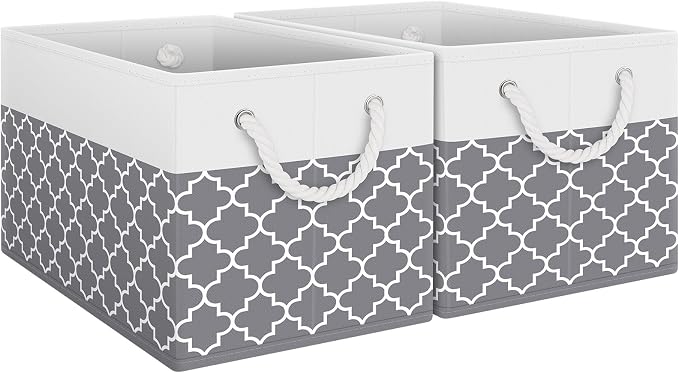 Storage Bins 2-Pack, Foldable Storage Baskets for Organizing Toys, Books, Shelves, Closet, Large Storage Box with Rope Handles, Sturdy Organizer Bins,Clover Grey by Fabtotes