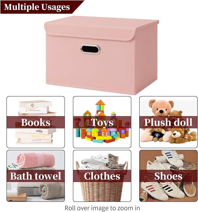STOREONE Fabric Storage Cube Bins Foldable Organizer Container Collapsible Basket with Lids and Metal Handles, for Home, Bedroom, Closet 6 Pcs (multicolour-pink) - Image 3