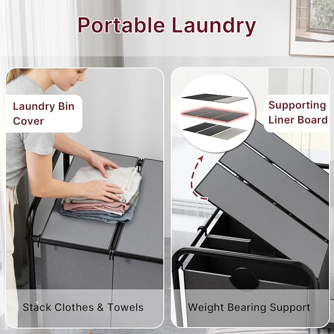 180L Laundry Sorter 3 Section with Lockable Wheels and Lid Grey | 3 Large Separate Removable Bags | Heavy Duty Rolling Laundry Basket | Laundry Hamper Cart for Laundry Room Organizer - Image 5