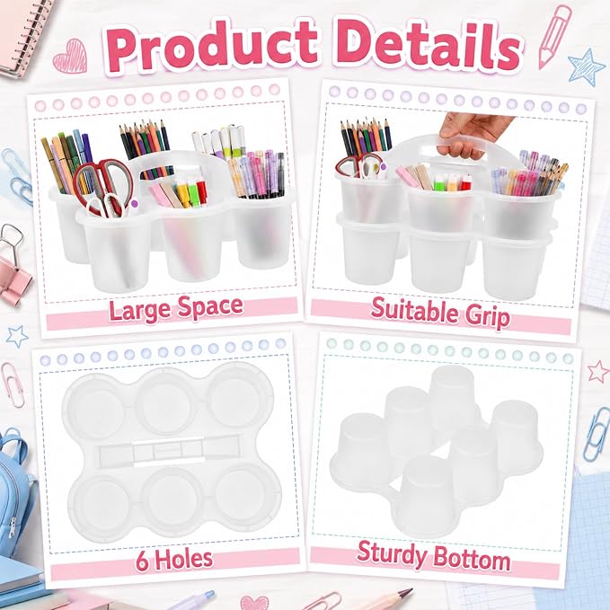 gisgfim 6 Pack Classroom Caddy Organizer with Handle, 6 Compartments, Clear | Stackable Plastic Table Caddies, 12x9x3.5 In, caddy Organizer for School Supplies, Crayons, Pencils, Crafts and Drink Cups - Image 3