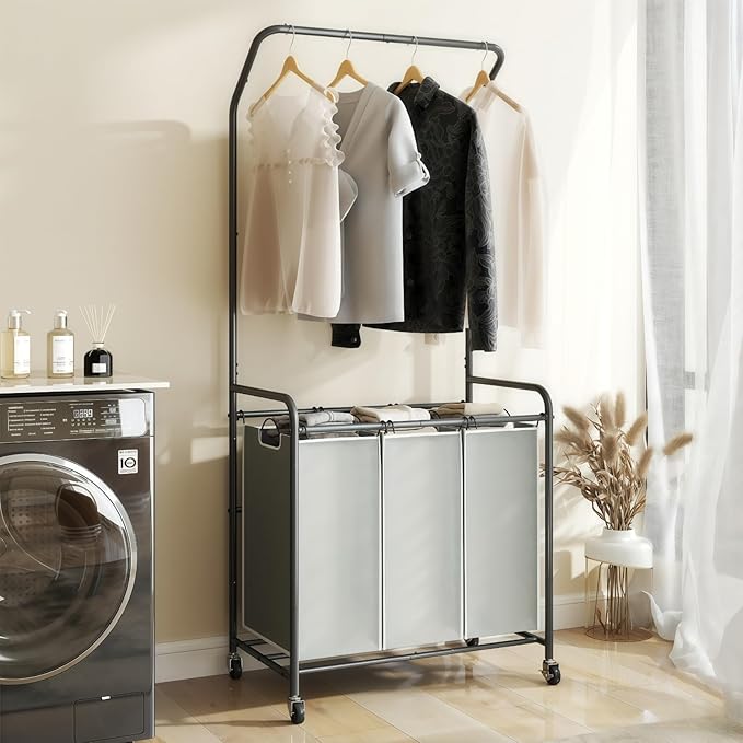 ROMOON Laundry Sorter Hamper with Hanging Bar, 3 Section Laundry Cart | Rolling Laundry Basket Organizer with Clothes Rack & Heavy-Duty Lockable Wheels for Apartment, Dorm, Small Spaces, 135L, Grey by ROMOON