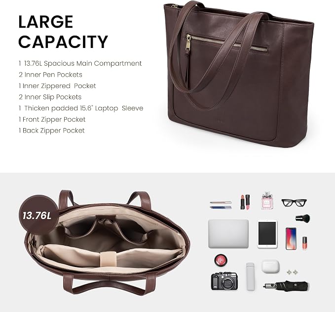 befen Genuine Leather Tote Bag for Women, Large Work Tote Bag with Zipper Leather Purse and Handbags with 15.6" Compartment - Image 4