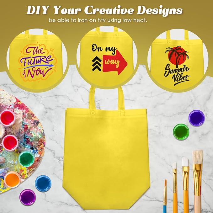 Reginary 100 PCS Non Woven Tote Bags Bulk,Yellow | Reusable Shopping Bags with Handles, Stores, Groceries Markets, Events Gift, Party Supplies - Image 7