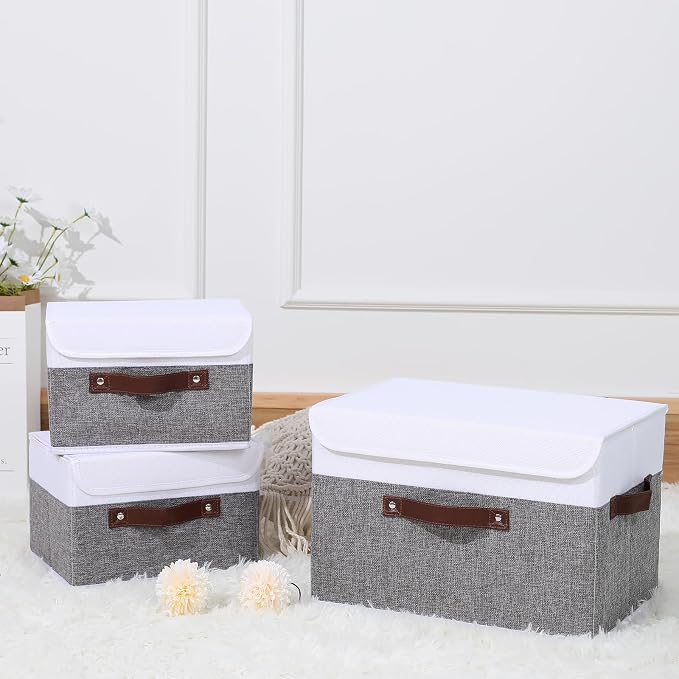 ANMINY Fabric Storage Box Bins with Lids, Gray White, 15"x10"x10" | Keepsake Memory Storage, Cotton Linen, PP Board Reinforced, Washable, PU Handles, Foldable & Stackable, Decorative, Large - Image 7
