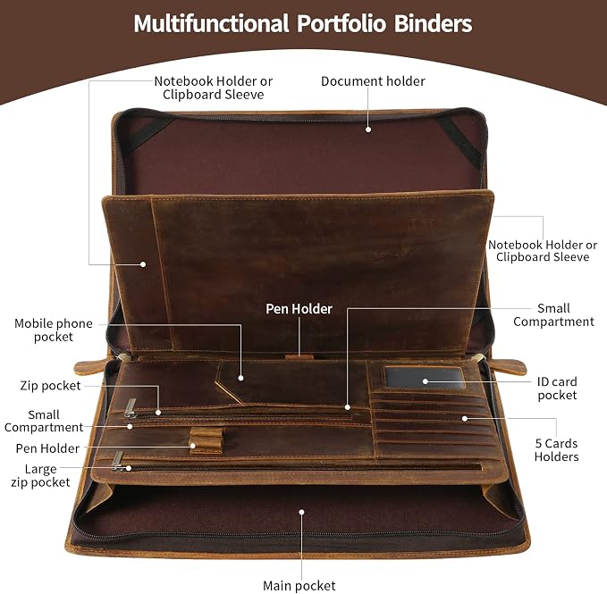 Genuine Leather Portfolio Organizer for Men Women with Handle, Full Grain Leather Padfolio Folder with Zipper Business Resume Portfolio for 12.9" iPad, Brown, RS118 - Image 3