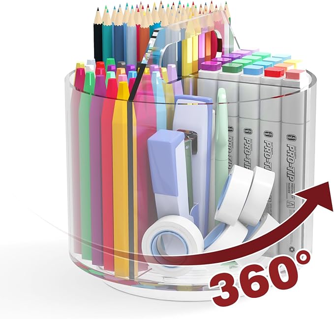 Pencil Holder for Kids, 360 Rotating Pen Holder for Desk Organizer and Storage, 4 Compartments Art Supply Marker Organizer, Acrylic Kids Desk Organizer for School Lazy Susan Organizer by Absonic