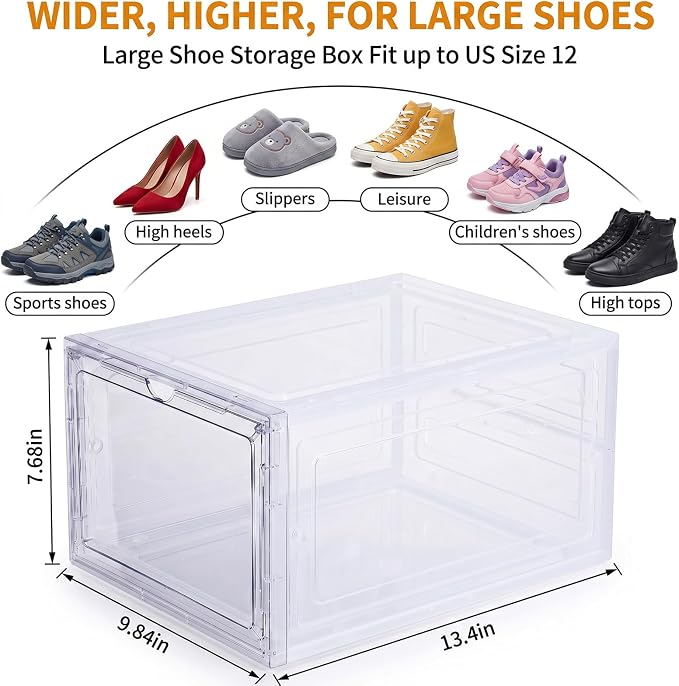 Large Clear Shoe Storage Boxes Stackable, 12 Pack Hard Plastic Shoe Storage Organizer with Magnetic Door, Shoe Container Sneaker Storage Display Case Fit up to US Size 12 Clear - Image 2