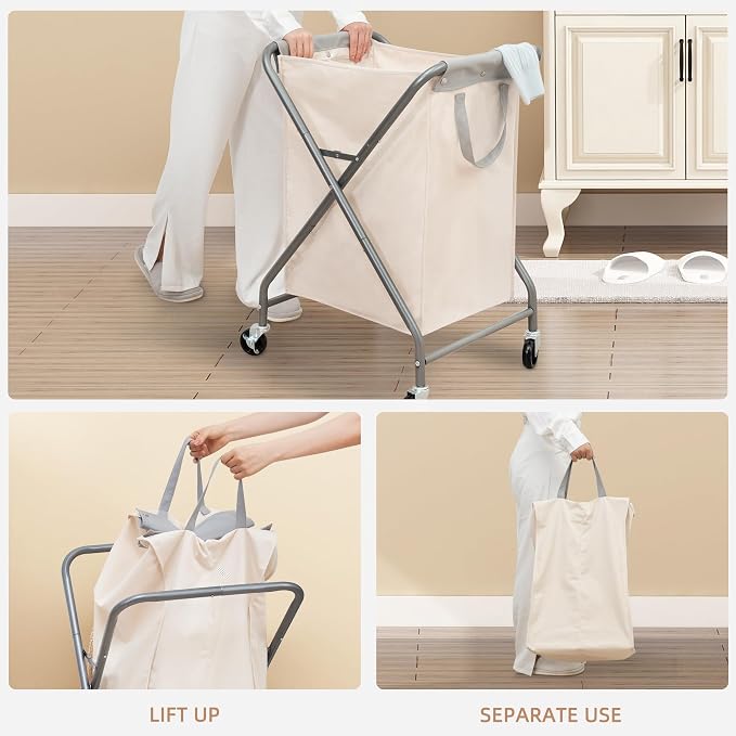 STORAGE MANIAC Collapsible Laundry Hamper with Wheels, Rolling Laundry Basket, Heavy Duty Cloth Sorter with Removable Bag, Folding X Frame Clothes Organizer Cart for Easy to Store, 1 Section - Image 4