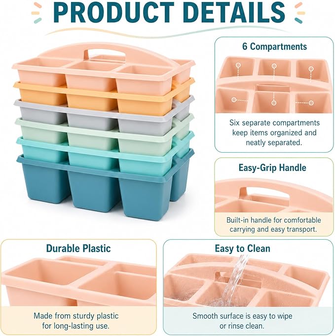 6 Pack Assorted Colors 6 Compartment Classroom Caddy with Handle Portable Plastic Storage Classroom Caddies Organizer for Classrooms Supply Teacher Office Table Desk(Boho) - Image 3