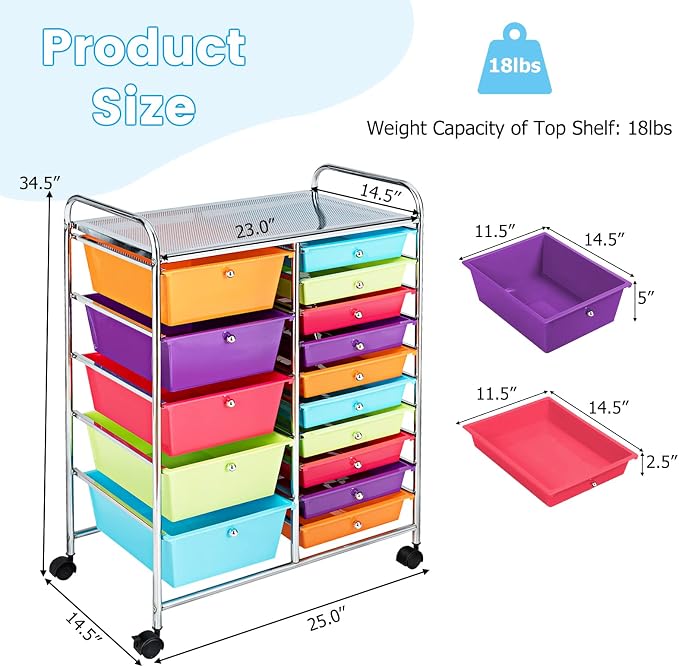COSTWAY 15 Drawer Rolling Storage Cart, Mobile Storage Organizer | Removable Drawers & Metal Frame, Multipurpose Utility Tools Paper Organizer on Wheels for Home, Office (Multi-color) - Image 3