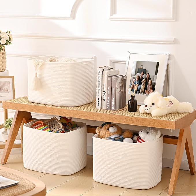 3 Pack Cube Storage Bin, 17”x12”x12” Cotton Rope Woven Baskets for Organizing Toys Clothes Towels, Square Gift Storage Baskets for Shelves, Nursery, Closet, Bathroom, Pantry (White) - Image 3
