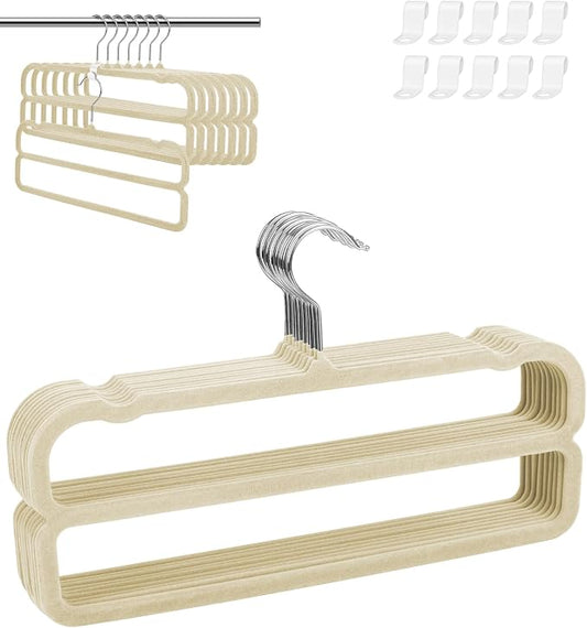 10 Pack Velvet Pants Hangers Space Saving, Non Slip 2-Layer Hanger (Beige) | Heavy Duty Flocked Trouser Hangers,pants organizer for closet with Swivel Hook, Felt Jean Hangers for Women and Men by Yxspace