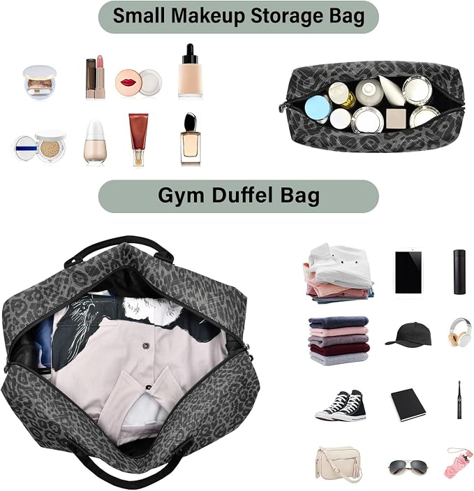 Large Travel Duffel Bag Sports Tote Gym Bag Overnight Weekender Bags Dark Gray Leopard Cheetah Print Carry On Luggage with Toiletry Bags - Image 4