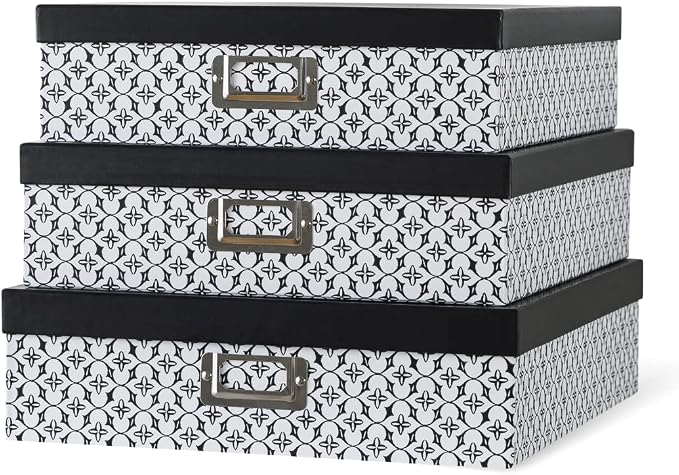 Soul & Lane - Black and White Jumbo Scrapbook Storage Boxes, Set of 3 | Large Decorative Document Box Set with Lids for Organizing Keepsakes and Memories, Wide Cardboard Photo Organizers by SoulLane
