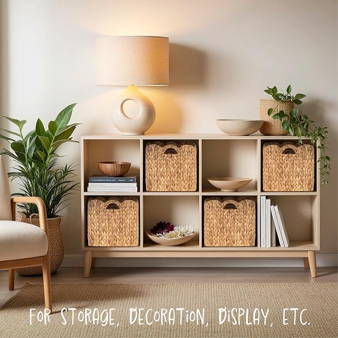 Set of 4 Foldable Scalloped Water Hyacinth Storage Cubes Basket, Storage Cube Bins -12"x12"x12", Collapsible Cube Organizers, Water Hyacinth Woven Bins for Bathroom, Bedroom, Laundry, Pantry, Shelves - Image 3