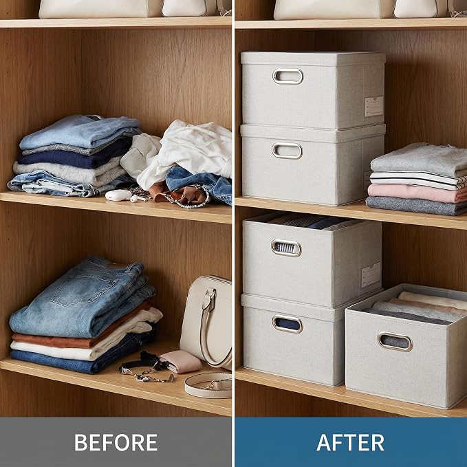 Storage Bins with Lids [3-Pack] Linen Fabric Foldable Storage Boxes Organizer Containers Baskets Cube with Cover for Bedroom Closet Office Beige（11.4X8.6X6.7 - Image 3