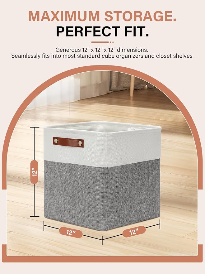 DULLEMELO [Set of 4 Storage Cubes Baskets for Organizing, 12 x 12 x 12 inch Cube Storage Organizer Bins with Leather Handles, Foldable Fabric Cloth Bins for Cube Storage(4 Pack - 12" White&Grey) - Image 2
